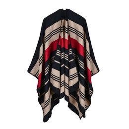Europe And The United States Color Matching Horizontal Strip Split Shawl Ladies Imitation Cashmere Thicken Increase Cloak 210427