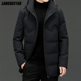 High End Brand Casual Fashion Long 90% Mens Duck Down Jacket With Hood Black Windbreaker Puffer Coats Winter Clothes 211214