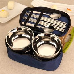 Picnic Tourist Tableware Set Camping Stainless Steel Cutlery Bowl Chopsticks Spoon Suit Bag Outdoor Travel Hiking Accessories 211112