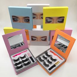 3Pairs Eyelashes Set 25mm 3D Mink Lashes Black White Glue Colourful Lash Package Box with Mirror