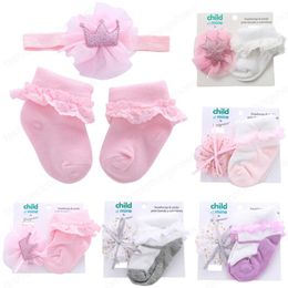 Baby Girl Socks Headband Set Lace Princess Newborn Girls Short Socks Hairband Crown Solid Color Infant Accessories