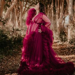 Wine Red Tulle Prom Dresses Maternity Robes For Photo Shoot Long Sheer Ruffles Bridal Pregnancy Dress Gowns Plus Size