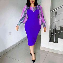 African Business Dress For Women Office Purple Patchwork Full Sleeve Bodycon Mid Calf Elegant Work Clothes Midi Dresses 210510