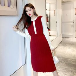 autumn new style temperament wood ears mid-length section waist slimming long-sleeved A-line knitted mid-waist dress ladies 210412