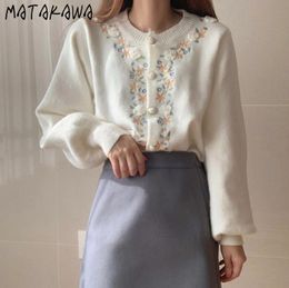 MATAKAWA Long Sleeve Women Sweater Korean Chic Autumn and Winter Sweet Pearl Buckle Embroidery Flower Knitted Cardigan 210513