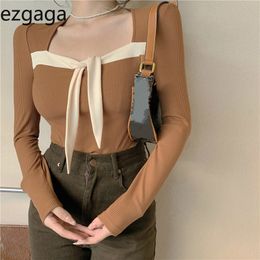 Ezgaga Knitted Tops Women Elegant Slim Long SleeveOutwear Base Square Collar Lace Up Thin Sweater Pullover Office Lady Fashion 210430