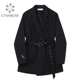 Waist Split Slim Blazer For Ladies With High Waist Belt Korean Jacket Outer Vintage Elegant Button Quality Black Coat Women 210417