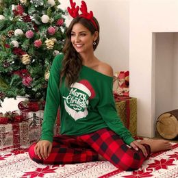 Merry Christmas Women Winter Pajamas Set Cotton Sleepwear Long Lattice Pants + Xmas Print Pyjamas Women Clothes Pajama Plus Size 211211