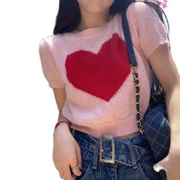 Retro love slim short-sleeved sweater women's thin short top summer and Korean fashion clothing 210520