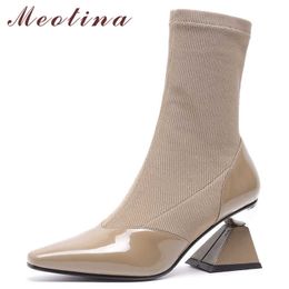 Meotina Winter Elastic Boots Women Natural Genuine Leather High Heel Ankle Boots Slim Stretch Square Toe Shoes Ladies Fall 33-40 210608
