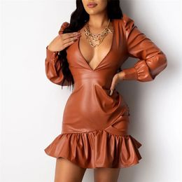 PU Leather Short Bodycon Brown Dress Women Vintage Spring Autumn V Neck Ladies Sexy Vestidos 210427