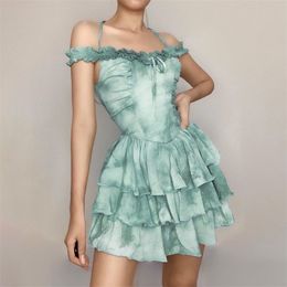 Women Slash Neck Bodycon Mini Dress Sexy Halter Pleated Vintage Bubble Princess Dresses Summer Fairy Grunge Y2K Clothes 210529