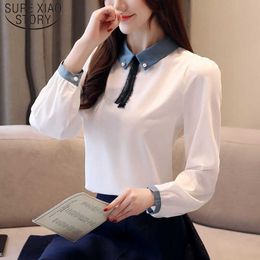 Spring Autumn White Chiffon Bow Slim Women Shirts Female Long Sleeve Korean Solid Women Blouses and Tops Casual 6565 50 210527