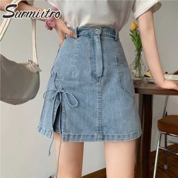 SURMIITRO Summer Fashion Shorts Skirts Women Korean Style Lace Up Side Slit Blue High Waist Female A Line Skirt 210712
