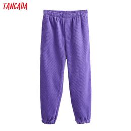 Tangada fashion women purple corduroy pants trousers strethy waist pockets female casual pants pantalon JA43 210609