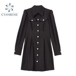 Long Sleeve Crop Black Shirt Dress Women Cardigan Office Ladies Lapel Pocket Elegant Mini Frocks Korean Work Relax OL Vestidos 210417
