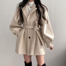 Women's Wool & Blends Woollen Coat Elegant Fashion Women Solid Colour Belted Lapel Lantern Long Sleeves 2021 Autumn Winter Casual Female Cloth