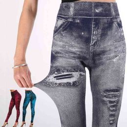 Women's Imitation Jeans Yoga Pants Stretchable Slim Fitness Leggings Denim Jeans Hips Tights Sports Pencil Pants Casual H1221