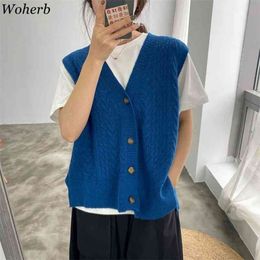 Autumn Winter Loose Women Sleeveless Sweater Tops Chic V-neck Twisted Ladies Solid Knitted Vests Femme Waistcoat 210519