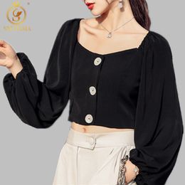 Retro Puff Sleeve blouse shirt Summer spring women blouses Elegant Loose Single-breasted female top 210520