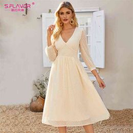 S.FLAVOR Elegant V-neck Chiffon Summer Midi Dress For Women Bohemian Style Slim Party Vestidos De Spring A-line Dresses 210409