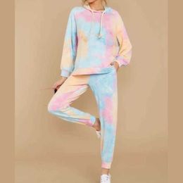 Women Gradient Tie-Dye Printed Two Piece Tracksuit Long Sleeve Hooded Drawstring Sweatshirt Tops Jogger Pants Loungewear Y0625
