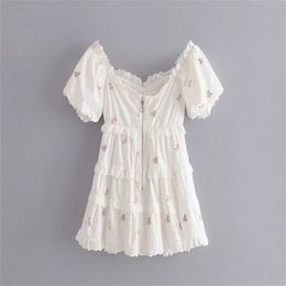 Women Summer Fashion Floral Embroidery Jacquard Cascading Ruffles Mini Dress Sexy Ladies Slash Neck Back Zipper Dresses 210531