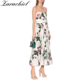 Elegant Rose Floral Party Summer Women's Strapless Flower Print White Beach Boho Female Draped Slim Waist Long Dress 210416