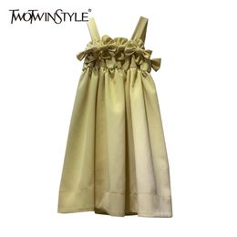 Yellow Patchwork Bowknot Sling Dress For Women Square Collar Sleeveless High Waist Sweet Mini Dresses Female Summer 210520