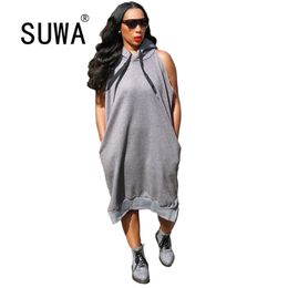 Grey Woman Dresses Summer Recommend Style Loose Vintage Casual Hoodies Boho Midi Dress Streetwear Wholesale 210525