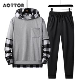 Spring Autumn Mens Set Tracksuit Men Plaid Patchwork Hoodies + Pants 2 Pieces Set Fashion Studen Sports Suit Streetwear 4XL 210806