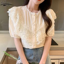 Summer Women's Short Sleeve Blouse Round Neck Solid Color Shirt Lace Joker Embroidered Blusas 13808 210427
