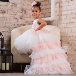 2022 Tutu Skirt Flower Girl's Dresses Tiered Ruffles Train Little Girls Pageant Gowns Pink Lace Sleeveless Birthday Party Dress