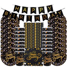 49pcs/set Gold Black Birthday Party Tableware Set Happy Birthday Disposable Party Tableware Plates Cups Napkin Home Decoration 211216