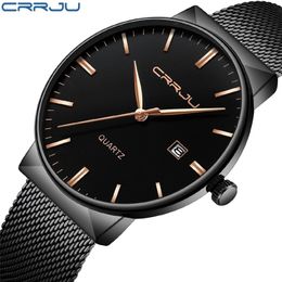 Watches Crrju Ultra-thin Men Watches Steel Mesh Strap Brand Quartz Wristwatches Date Fashion Simple Watch Men Relogio Masculino 210517