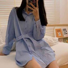 Spring Street Full Sleeve Women Tunic Shirt Blouse Oversize Button Up Solid Colour Long Turn-Down Collar Female Tops 210521