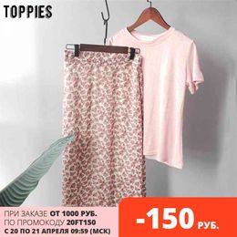 summer cute pink set korean fashion two pieces casual cotton linen slim t-shirts high waist skirts 210421