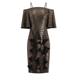 PERHAPS U Women Gold Strapless Spaghetti Strap Short Sleeve Sequined Ruffle Mini Dress Summer High Street D2501 210529