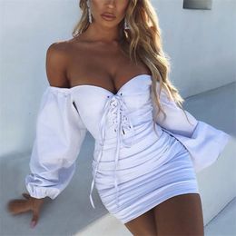 OMSJ Sexy Off-shoulder Solid Color Party Club Trendy Dress High Waist Lantern Sleeve Pleated Lace Up Mini Bandage Vestidos 210517