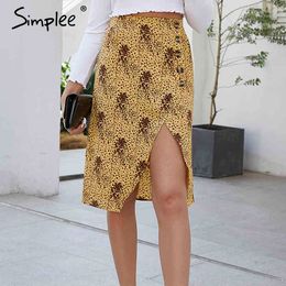 Boho printed split women skirt High waist buttons female midi Spring summer holiday beach ladies skirts bottoms 210414
