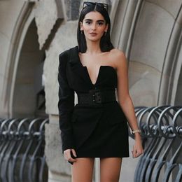 Basic Casual Dresses Sexy Blazer Dress Deep V-neck Coat Fashion Party Club Wrap Mini One Shoulder Women Coats and Jackets