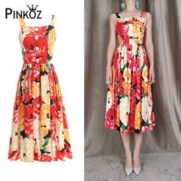 designer style celebrity red flower printed buttons single brested A-line spaghetti strap camisole midi dress party chic 210421