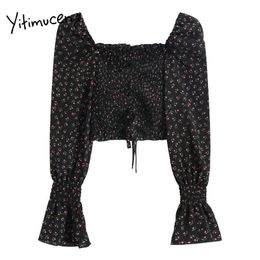 Yitimuceng Floral Print Blouse Women Vintage Shirts Slim Spring Fashion Lantern Sleeve Slash Neck Drawstring Crop Top 210601