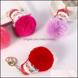 Key Rings Jewelry 12Colors Santa Claus Pom Ball Keychains Artificial Rabbit Fur Keychain Bag Car Metal Lobster Clasp Christmas Festival Gift