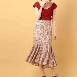 Japan Style Sweet Cherry Print Trumpet Skirts Womens Elegant High Waist Faldas Mujer Spring Mermaid Femme Jupe 210514