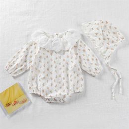 Spring Autumn Infant Baby Rompers Girls Flower Long Sleeve Lace Collar Clothes 210429