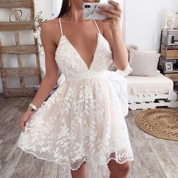 Summer Vintage Women Embroidery Mini Tulle Sexy Backless White Lace Tunic Beach Dress 210415