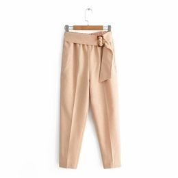 Women fashion buckle decoration elastic waist linen pants office wear chic trousers female streetwear pantalones P331 210420