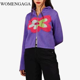 WOMENGAGA autumn winter Women Knitted Hooded Cardigan Zip Through Hoodie In Purple sweater XM8S 210603