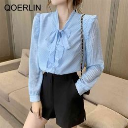 Polka Dot Blouse Women Bowknot Lantern Sleeve Shirts Female Plus Size Elegant Chiffon Ruffles Pleated Tops 210601